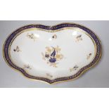 An 18th century Caughley kidney shaped dish with blue and gilt decoration, 28cms wide