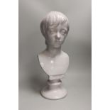 A Continental tin glazed terracotta bust of a boy, 47cm tall