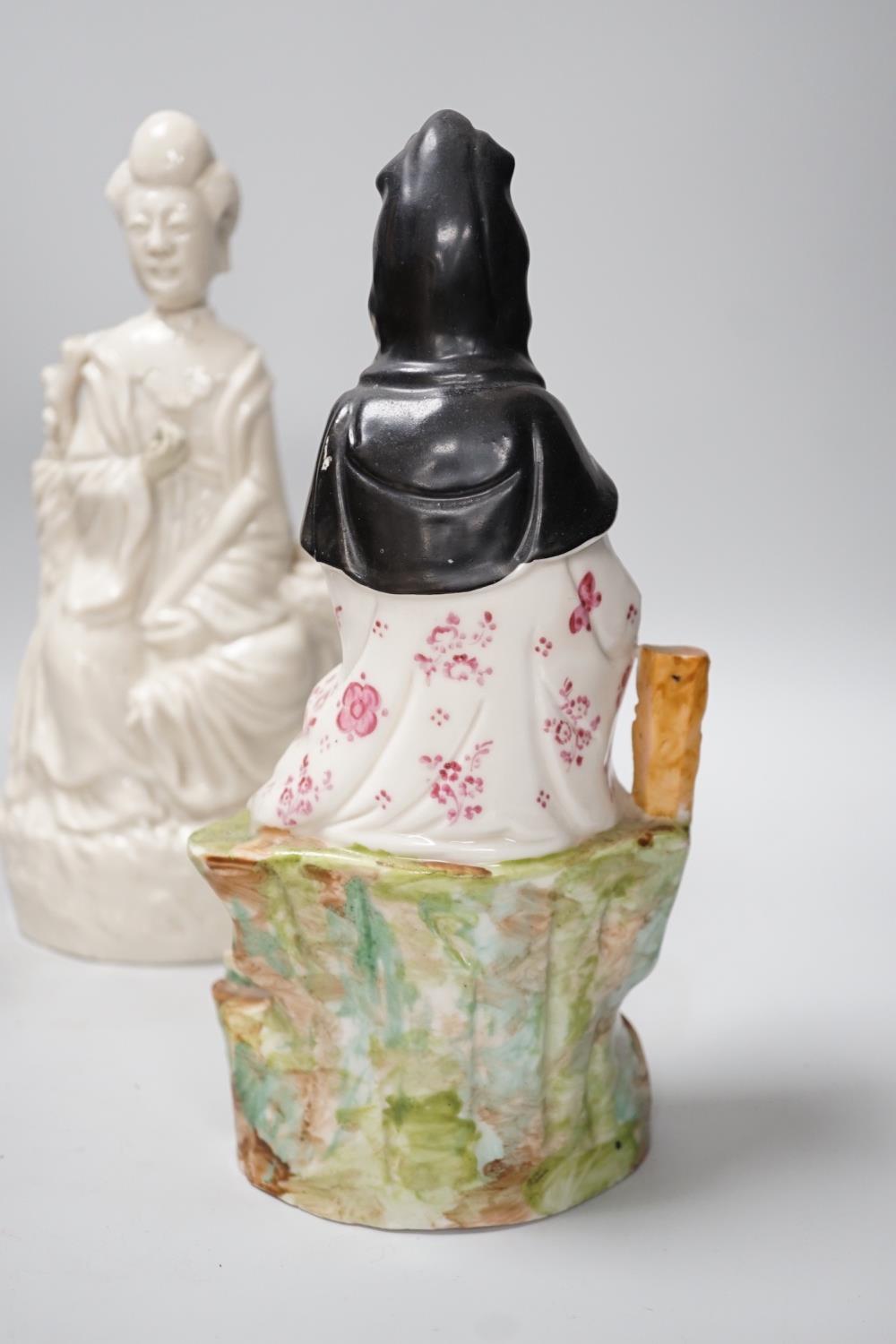 A Chinese enamelled blanc de chine figure of Guanyin, together with three other figures. 28cm tall - Image 6 of 11