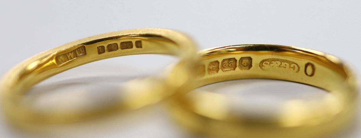 Two 22ct gold wedding bands, the larger hallmarked for Birmingham, 1924, 10.4 grams. - Image 3 of 3