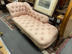A small Victorian chaise longue with buttoned pink upholstery, length 180cm, depth 68cm, height