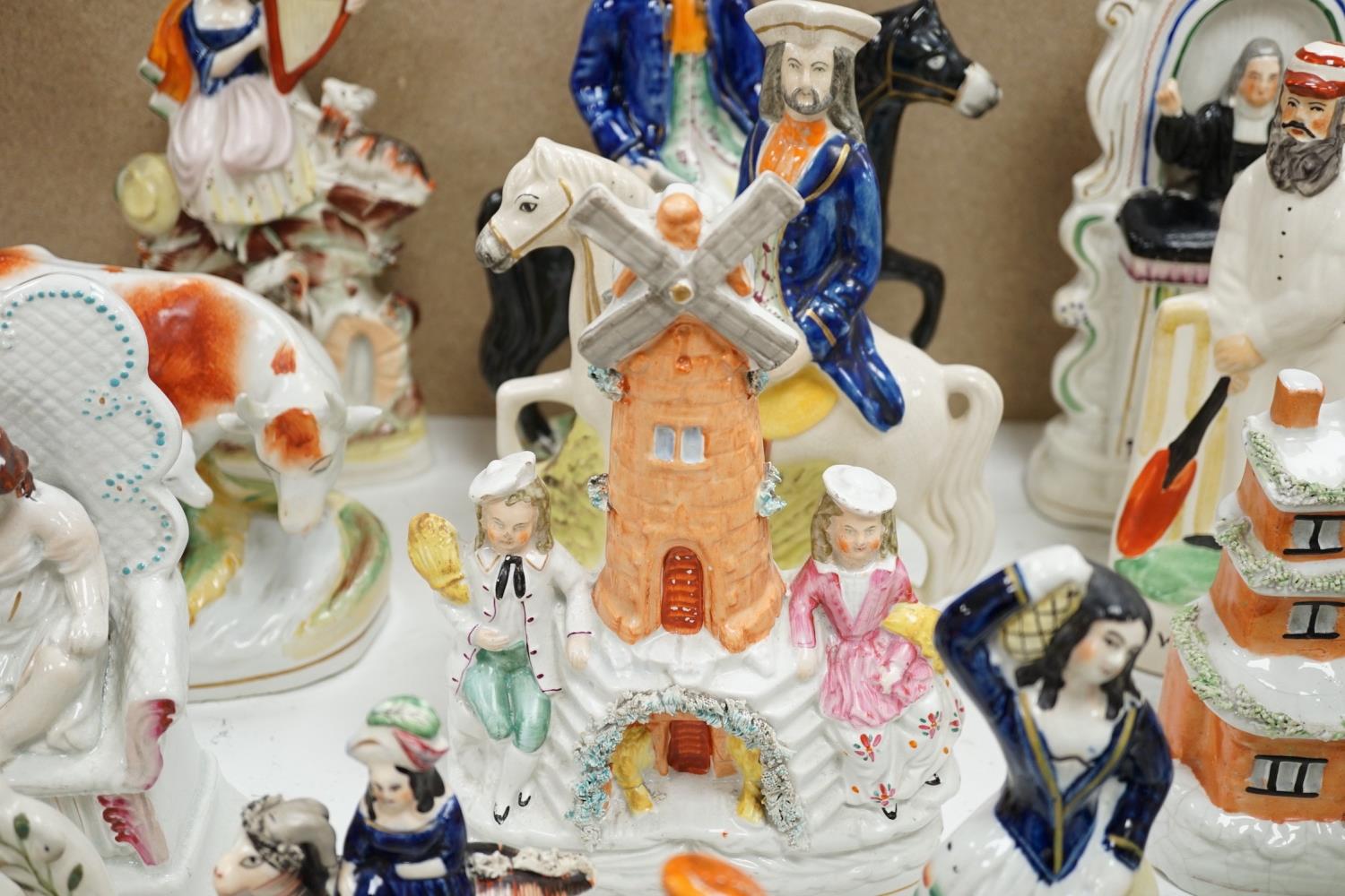 A collection of Victorian Staffordshire pottery flat-back figures and groups, tallest 29cm - Image 4 of 6