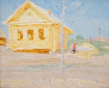 Russian School, oil on card, Figures and house in summertime, indistinctly signed, 48 x 59cm