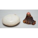 A Chinese box and cover, Fujian kilns, Yuan dynasty, 8cm together with a stag antler snuff bottle