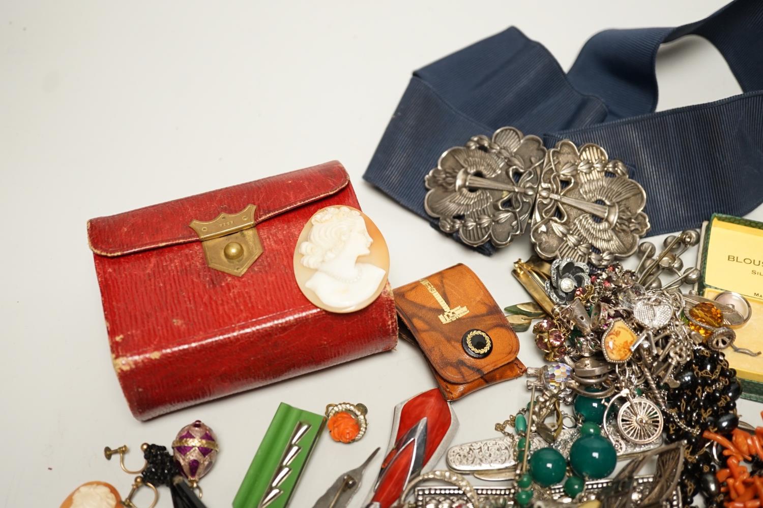 Assorted costume jewellery and other items including a silver belt buckle and enamelled egg - Image 2 of 6