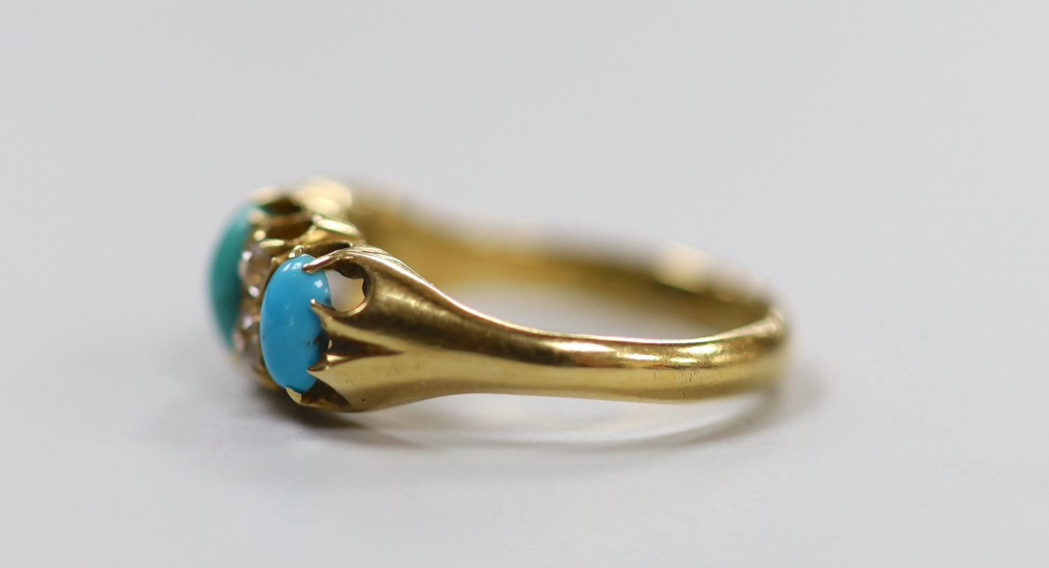 A late Victorian 18ct gold, three stone turquoise and four stone diamond set half hoop ring, size L, - Image 3 of 4