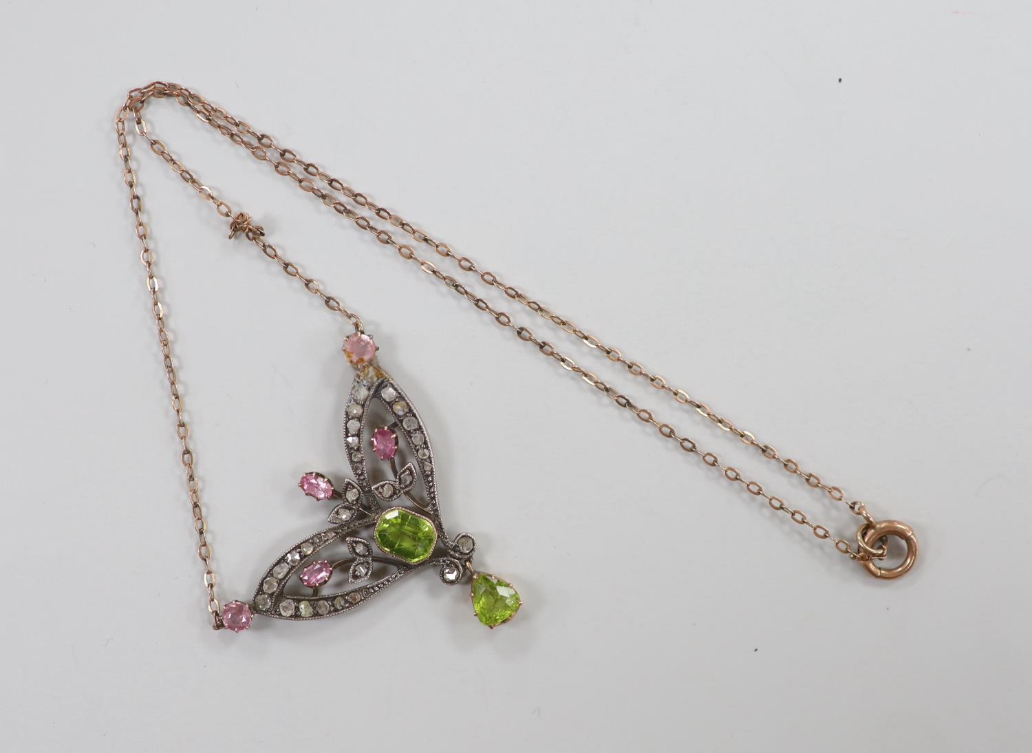 A late Victorian 9ct and white metal. peridot, pink topaz? and rose cut diamond set pendant necklace - Image 2 of 3