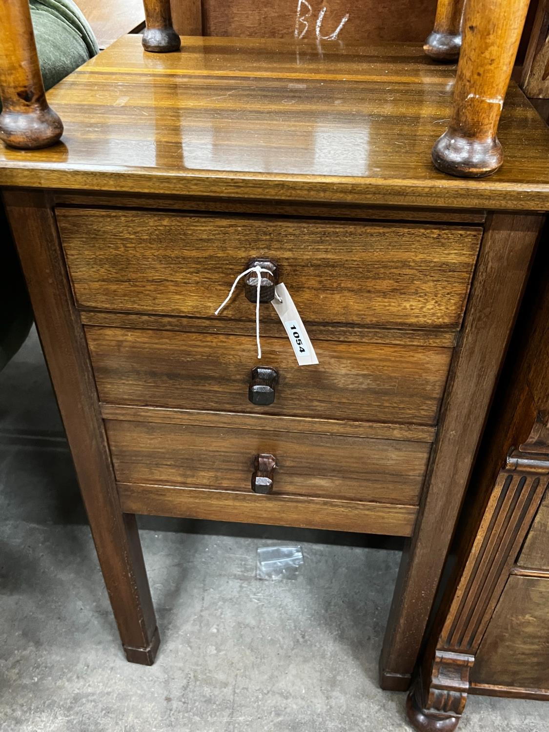 A mid century teak three drawer bedside chest, height 77cm together with an oak and pine workbox - Image 5 of 6