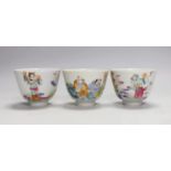Three Chinese famille rose 'immortals' cups, 6cm tall