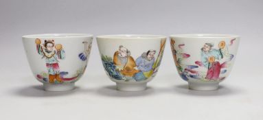 Three Chinese famille rose 'immortals' cups, 6cm tall