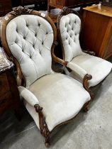 A Victorian walnut spoonback open armchair, width 66cm, height 98cm together with a similar