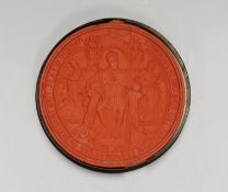 A cased Edward VII red wax Great Seal. 16cm diameter