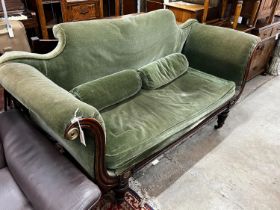 A Regency brass mounted simulated rosewood scroll arm settee, length 190cm, depth 68cm, height 95cm