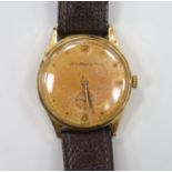 A gentleman's 1950's? 18k manual wind wrist watch, retailed by H. Moser & Cie, with subsidiary