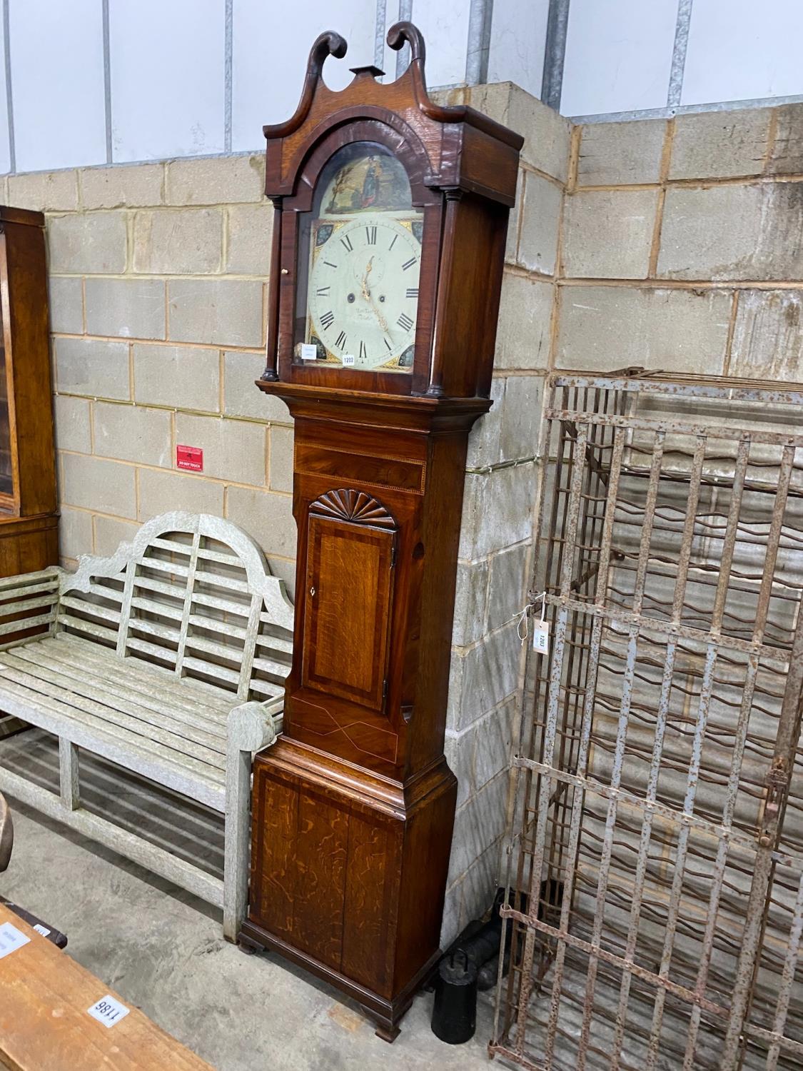 An early 19th century mahogany banded oak 8 day longcase clock with painted dial, height 229cm - Image 2 of 2