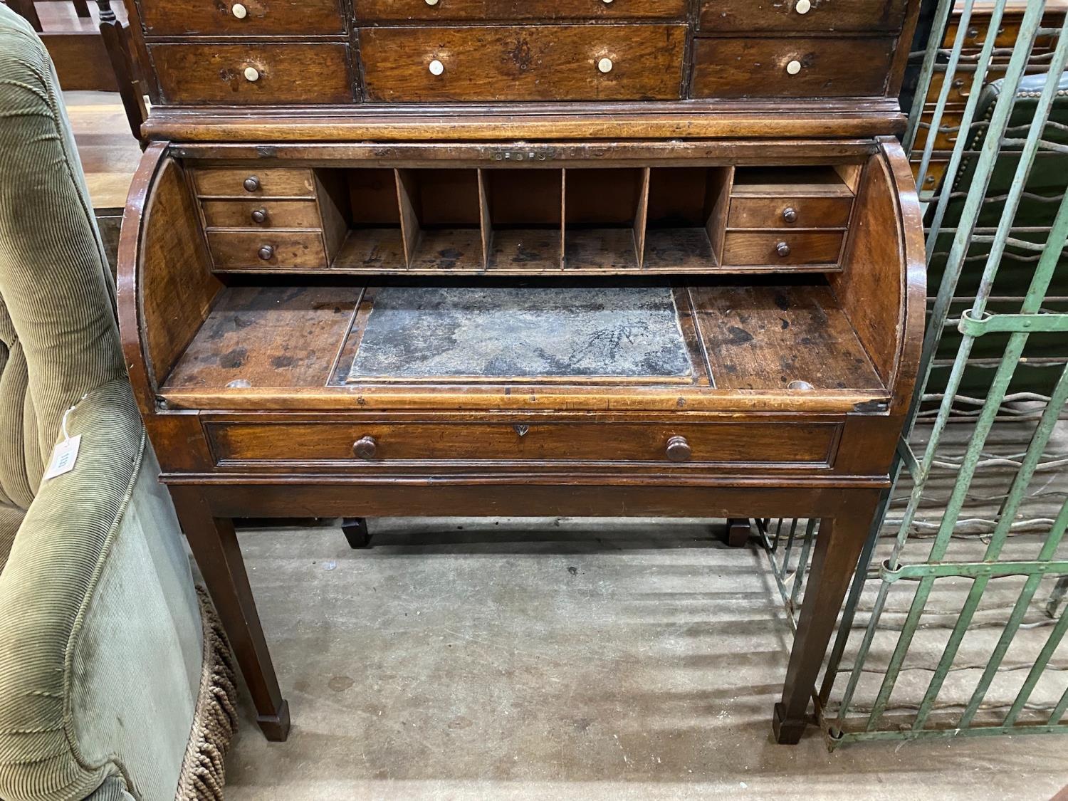 A George III mahogany cylinder bureau with fifteen drawer superstructure, width 92cm, depth 51cm, - Image 2 of 2