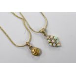 A modern 585 and white opal cluster set diamond shaped pendant, 17mm, on a 14k chain43cm and a