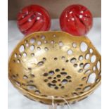 A pair of globular coloured glass ornaments and an art-bronze bowl, 33cm diameter