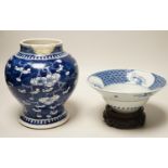 A 19th century Chinese blue and white bowl and Chinese prunus baluster jar, 19.5cm high