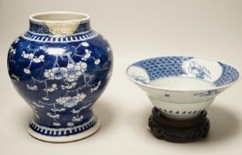 A 19th century Chinese blue and white bowl and Chinese prunus baluster jar, 19.5cm high