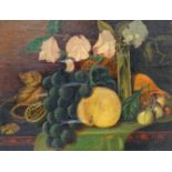 English School c.1900, oil on canvas laid on board, Fruit and sweet peas on a table top, 21 x 26cm
