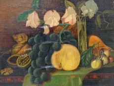 English School c.1900, oil on canvas laid on board, Fruit and sweet peas on a table top, 21 x 26cm