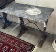 A rectangular cast iron marble topped garden table, length 92cm, depth 54cm, height 69cm