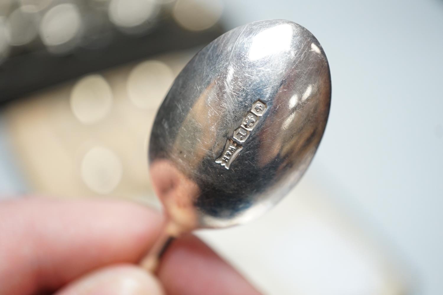 A cased George V ten piece silver condiment set, with four (ex 6) spoons, maker, RR, Birmingham, - Image 3 of 6