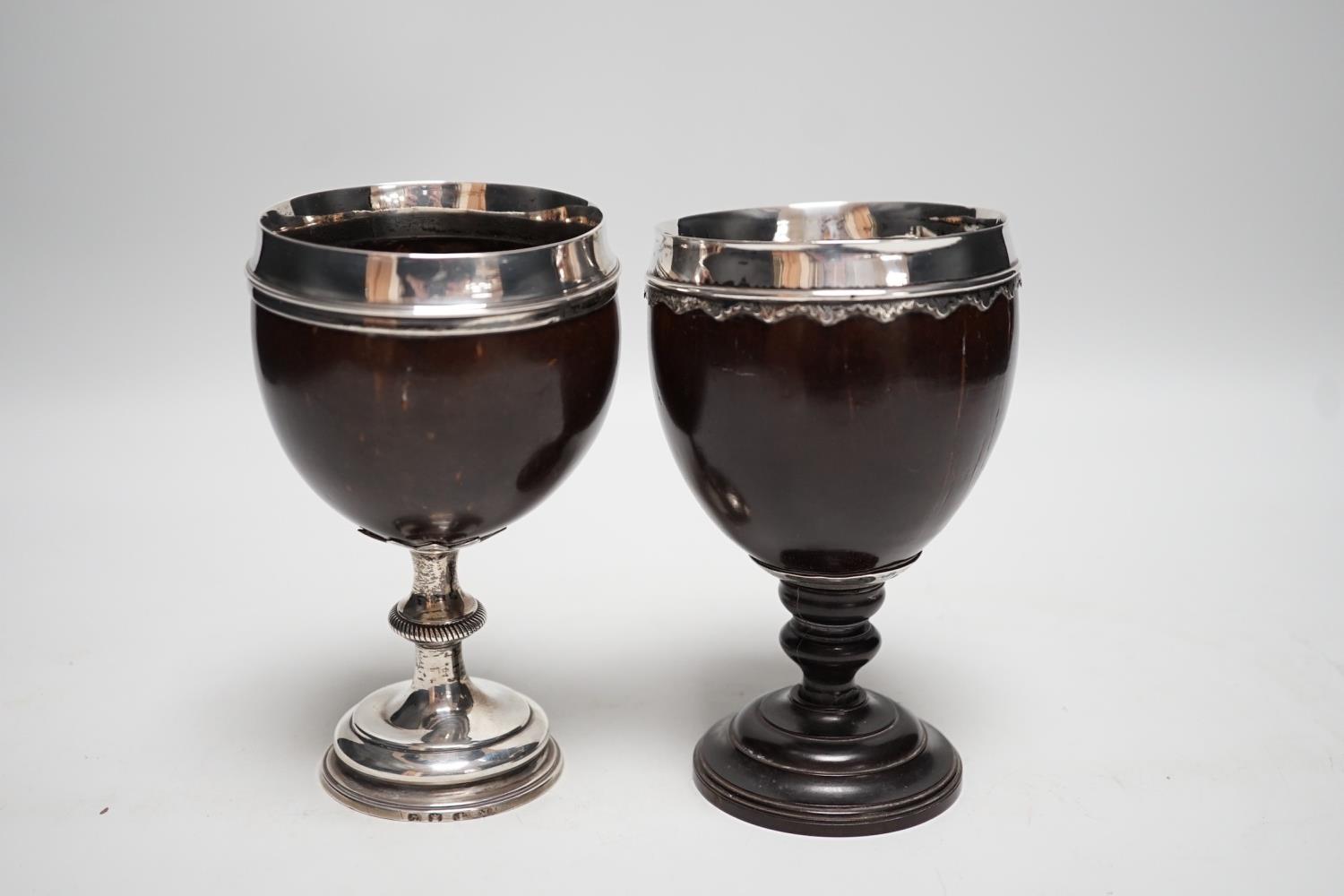 Two late 18th century white metal mounted pedestal coconut cups, one hallmarked silver for John - Image 3 of 7