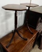 A pair of Regency style brass mounted mahogany octagonal top tripod tables, width 39cm, depth