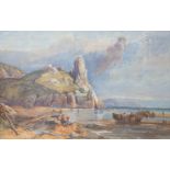 Victorian School, watercolour, Coastal landscape with fisherfolk, 37 x 55cm