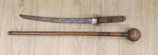 A Japanese wakizashi (corroded) with signed tang and a South African ebony knobkerrie, 80cm long