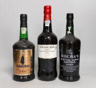 Three bottles of port including Rochas, Cockburns and Sandemans