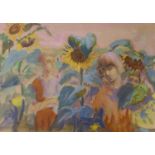 Phyllis Bray (1911-1991), pencil and watercolour, Children and sunflowers, Studio stamp verso, 27