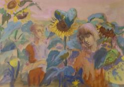 Phyllis Bray (1911-1991), pencil and watercolour, Children and sunflowers, Studio stamp verso, 27