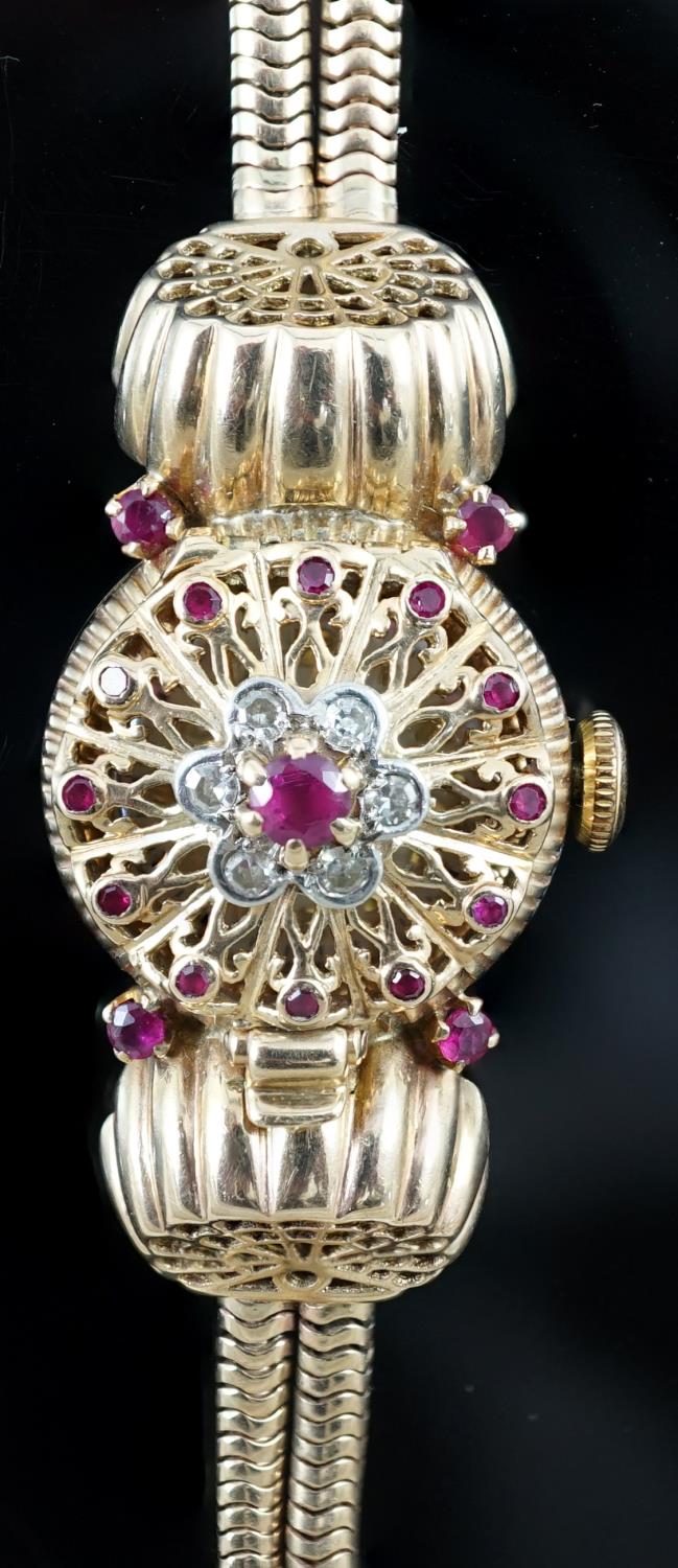 A lady's 1950's 9ct gold, ruby and diamond set manual wind cocktail watch, on a 9ct gold twin strand - Image 2 of 4