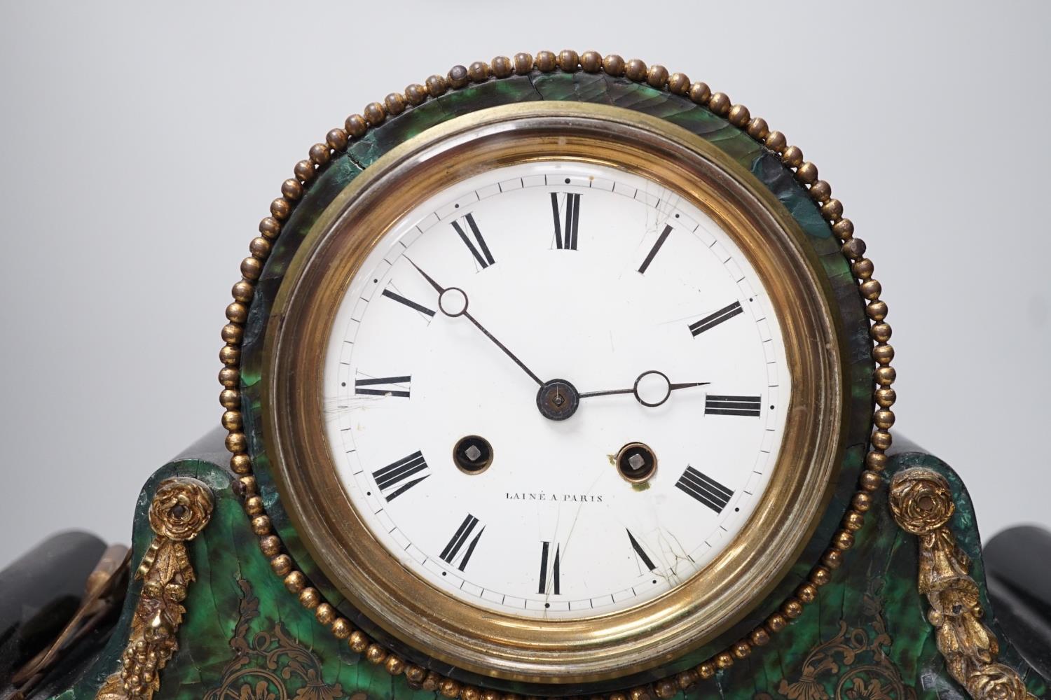 A 19th century French green Boulle work mantel clock. 41cm wide - Image 2 of 14