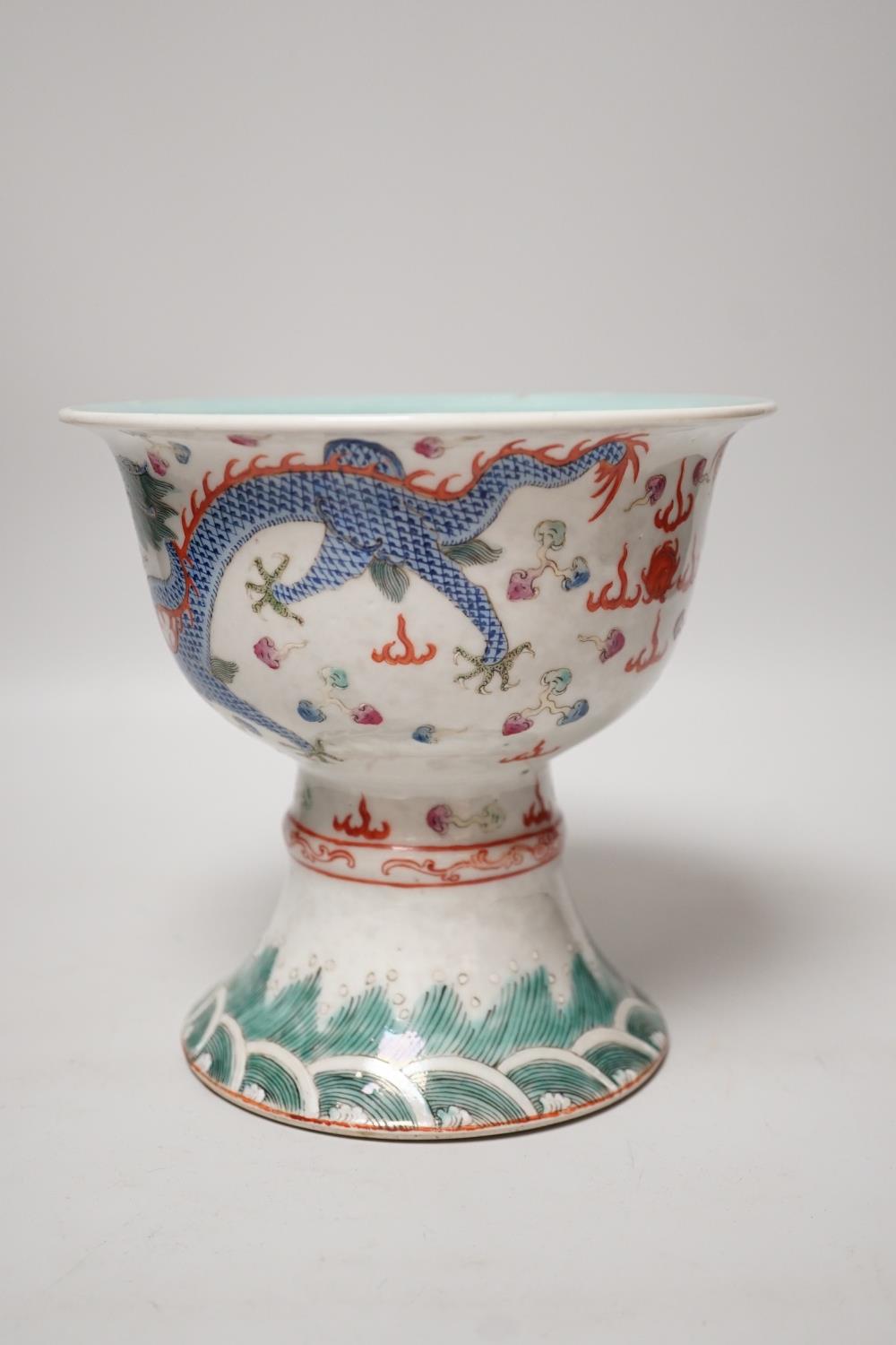 A large 19th century Chinese enamelled porcelain ‘dragon’ stem bowl, 16.5cm - Image 2 of 8