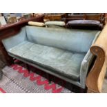 A 19th century upholstered three seater settee covered in pale blue velvet, length 185cm, depth