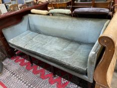 A 19th century upholstered three seater settee covered in pale blue velvet, length 185cm, depth