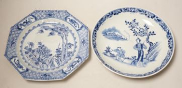 An 18th century Chinese Export octagonal plate and a similar saucer dish. 22.5cm diameter