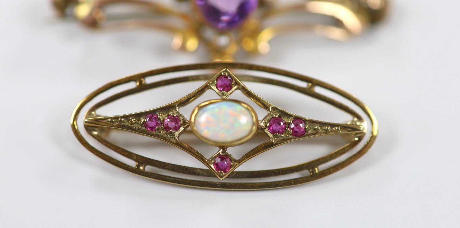 Two early 20th century yellow metal and gem set brooches, including amethyst and seed pearl, 45mm - Image 2 of 2