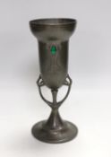 An Art Nouveau pewter vase with glass inset cabochon, 23cm