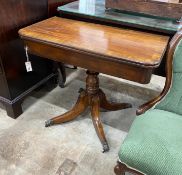A Regency rosewood banded rectangular mahogany folding tea table, width 92cm, depth 45cm, height