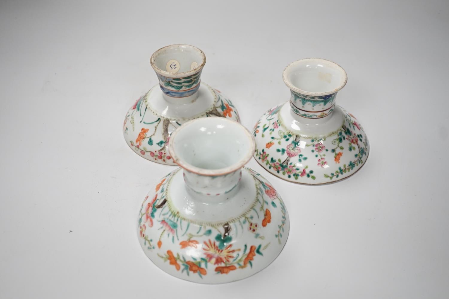 Three 19th century Chinese famille rose pedestal stem bowls, each painted with flowers and - Image 4 of 6