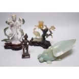 A Chinese bowenite jade bird group, together with a Jadeite figure of lady, 19.5cm high, a