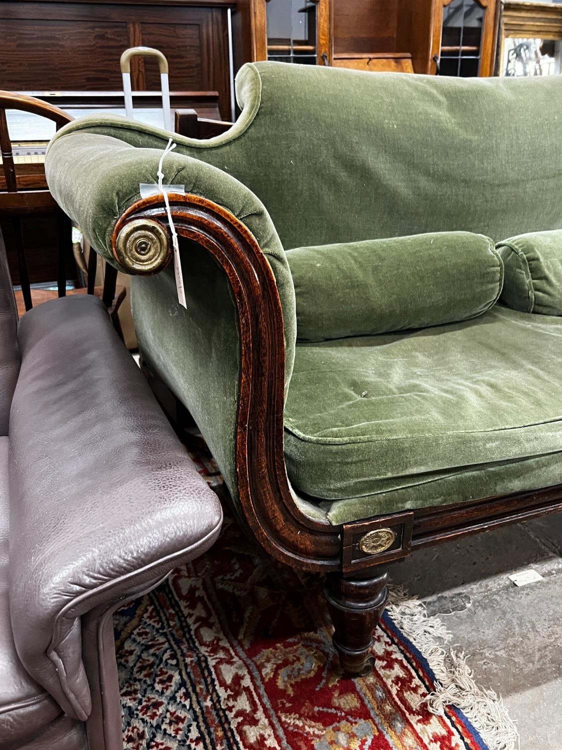 A Regency brass mounted simulated rosewood scroll arm settee, length 190cm, depth 68cm, height 95cm - Image 2 of 4