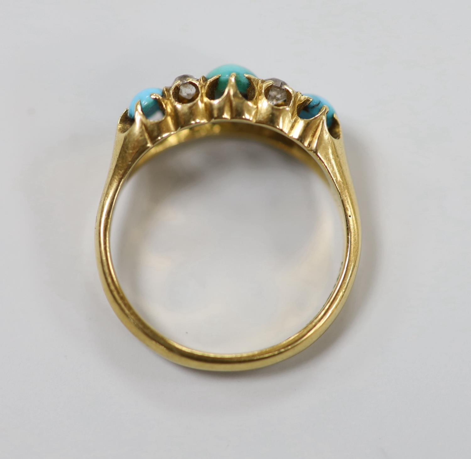 A late Victorian 18ct gold, three stone turquoise and four stone diamond set half hoop ring, size L, - Image 4 of 4