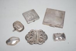 A George VI engine turned silver compact, 69mm, two modern silver pill boxes, a Persian white