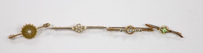 A Victorian 15ct, diamond and seed pearl cluster set bar brooch, 59mm, gross 4 grams and three other